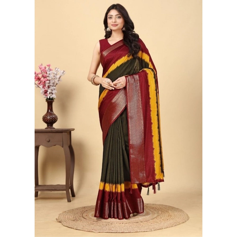 Multi-colored cotton silk solid saree with unstitched blouse, 5.5mtr length on mannequin