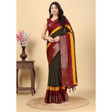 Multi-colored cotton silk solid saree with unstitched blouse, 5.5mtr length on mannequin