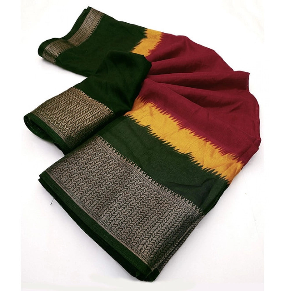 Multicolor cotton silk solid saree with unstitched blouse, 5.5mtr on mannequin