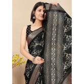 Black cotton silk floral printed saree with unstitched blouse, intricate design detail on display