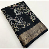 Black cotton silk floral printed saree with unstitched blouse, elegant home-wear fashion accessory