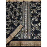 Black cotton silk floral printed saree with unstitched blouse, vibrant blooms on 5.5m fabric