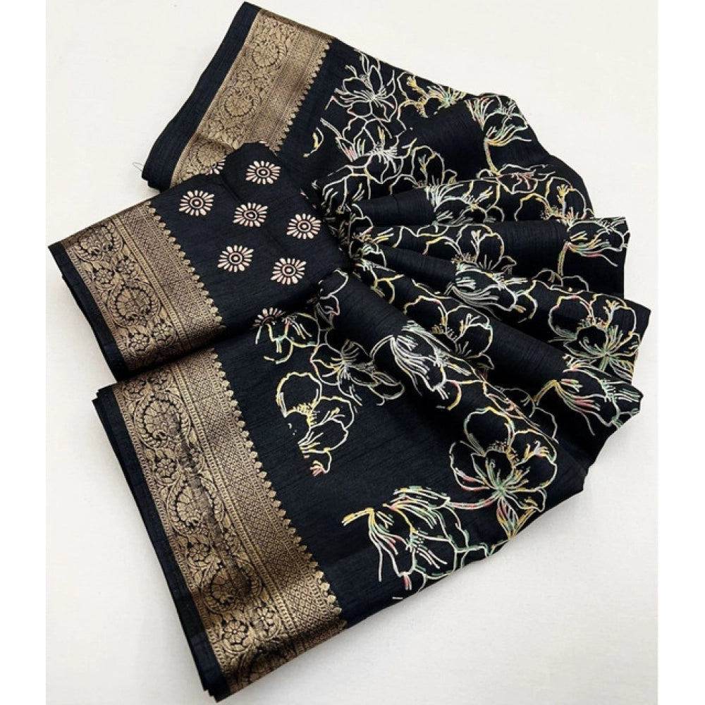 Black cotton silk floral printed saree with unstitched blouse, vibrant floral pattern on display