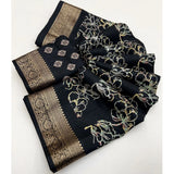 Black cotton silk floral printed saree with unstitched blouse, vibrant floral pattern on display