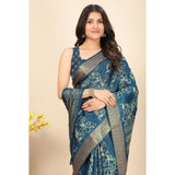 Blue cotton silk floral printed saree with unstitched blouse, vibrant blooms on a luxurious fabric