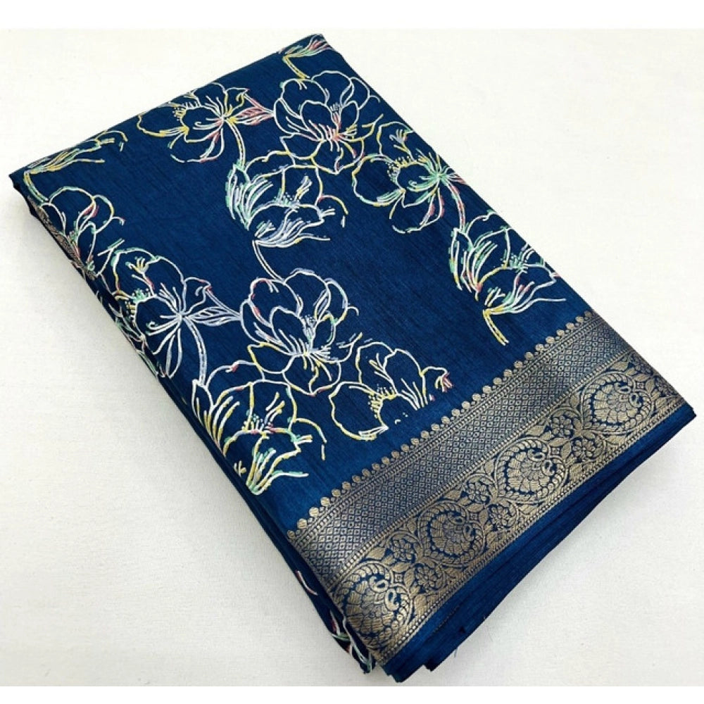 Blue cotton silk floral printed saree with unstitched blouse, vibrant blooms on traditional Indian fabric