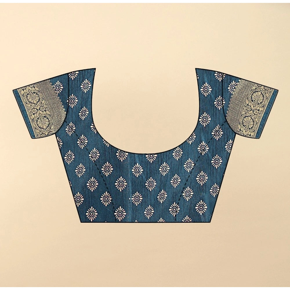 Blue cotton silk floral printed saree with unstitched blouse, vibrant floral patterns on display
