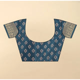 Blue cotton silk floral printed saree with unstitched blouse, vibrant floral patterns on display