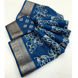 Blue cotton silk floral printed saree with unstitched blouse, vibrant floral patterns on traditional Indian wear