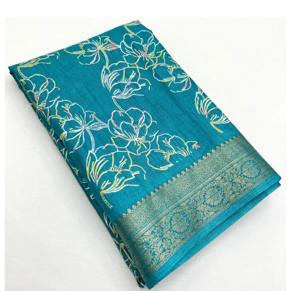 Rama colored cotton silk floral printed saree with unstitched blouse, 5.5mtr length