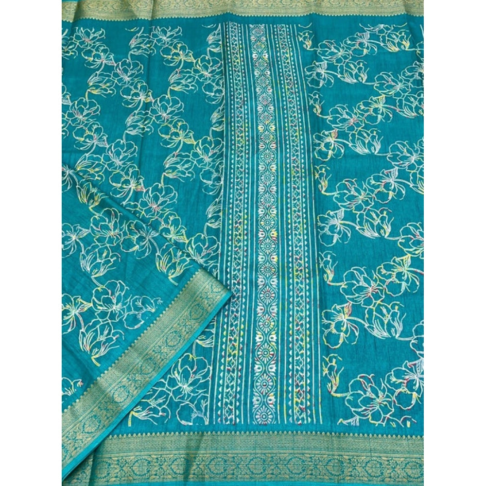 Cotton silk floral printed saree with unstitched blouse (5.5mtr), Rama color, traditional Indian ethnic wear for women