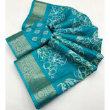 Rama colored cotton silk floral printed saree with unstitched blouse (5.5Mtr), traditional Indian wear on mannequin