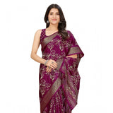 Wine cotton silk floral printed saree with unstitched blouse (5.5mtr), elegant Indian traditional wear on mannequin