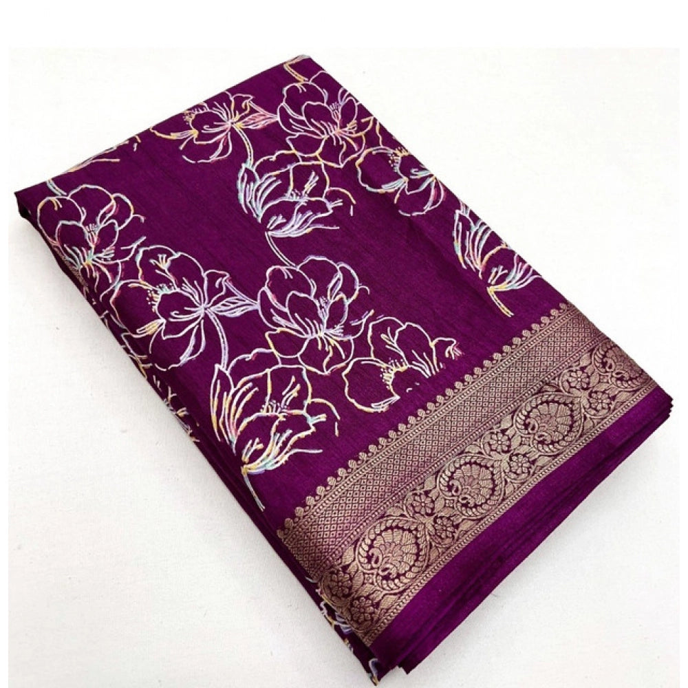 Women's wine cotton silk floral printed saree with unstitched blouse, 5.5mtr - close-up of vibrant floral design