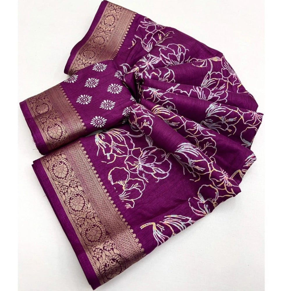 Women's wine-colored cotton silk floral printed saree with unstitched blouse (5.5Mtr) - vibrant, elegant traditional wear accessory