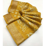 Yellow cotton silk floral printed saree with unstitched blouse, vibrant and elegant women's traditional wear