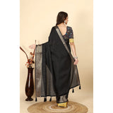 Black cotton blend checkered saree with unstitched blouse, 5.5Mtr - traditional Indian women's fashion accessory