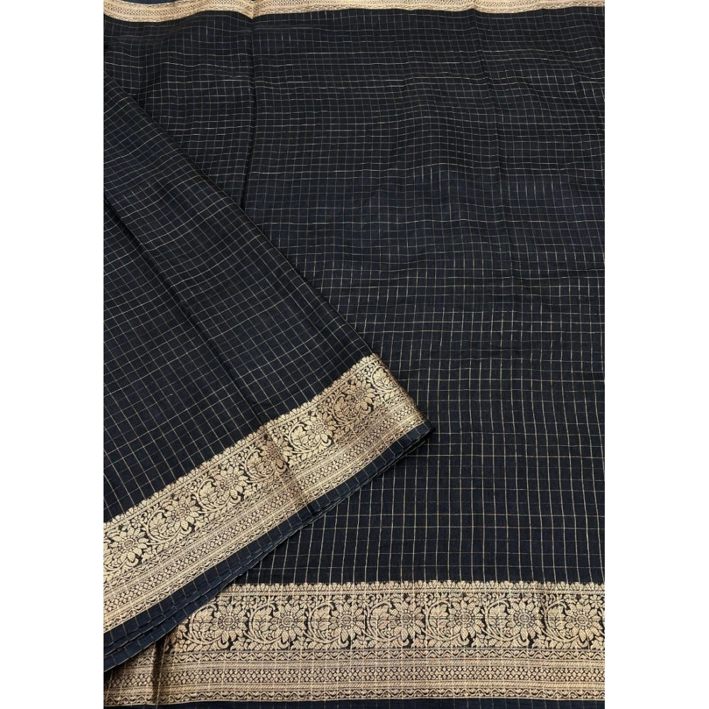 Black cotton blend checkered saree with unstitched blouse (5.5mtr)