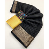 Black cotton blend checkered saree with unstitched blouse (5.5mtr) - versatile Indian wear for women