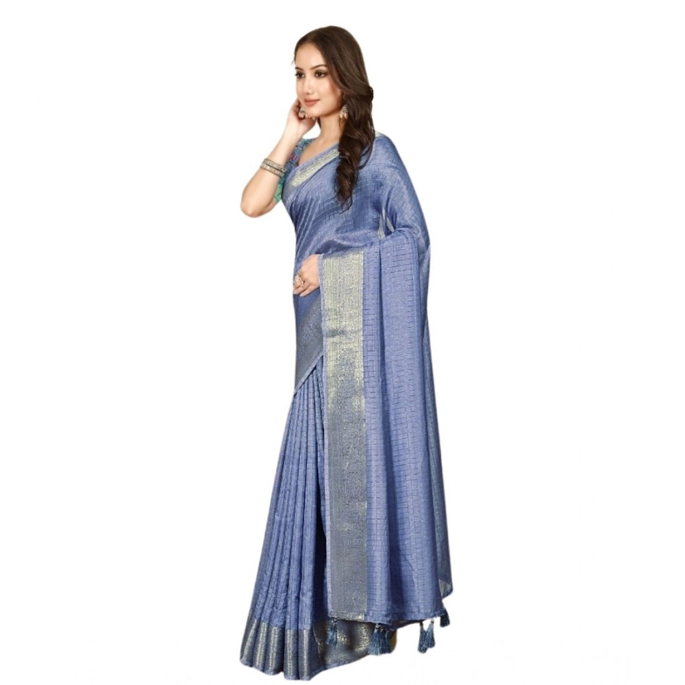 Blue cotton blend checkered saree with unstitched blouse (5.5mtr) - vibrant pattern, women's traditional Indian wear