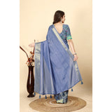 Blue cotton blend checkered saree with unstitched blouse (5.5mtr)