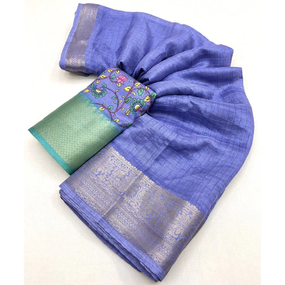Blue cotton blend checkered saree with unstitched blouse, vibrant traditional Indian attire for women