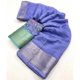 Blue cotton blend checkered saree with unstitched blouse, vibrant traditional Indian attire for women