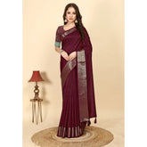 Maroon cotton blend checkered saree with unstitched blouse (5.5Mtr) - women's traditional Indian wear