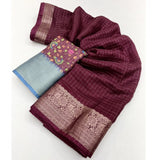 Maroon cotton blend checkered saree with unstitched blouse, 5.5Mtr for traditional Indian wear