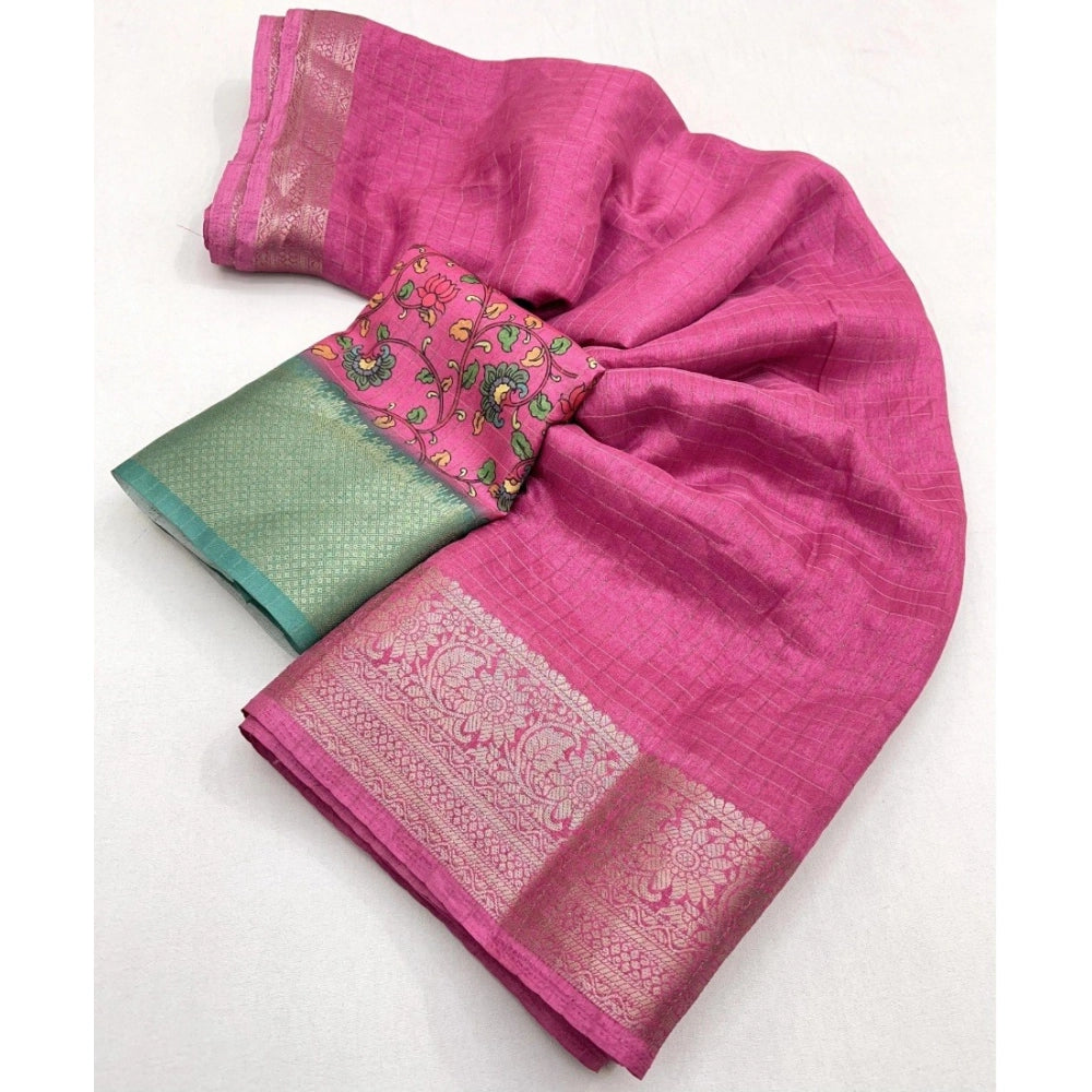 Pink cotton blend checkered saree with unstitched blouse (5.5Mtr), traditional Indian women's wear