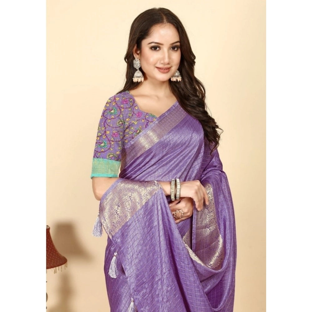 Purple cotton blend checkered saree with unstitched blouse, vibrant pattern for women's traditional Indian wear
