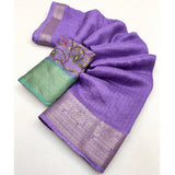 Purple cotton blend checkered saree with unstitched blouse (5.5mtr), traditional Indian women's wear