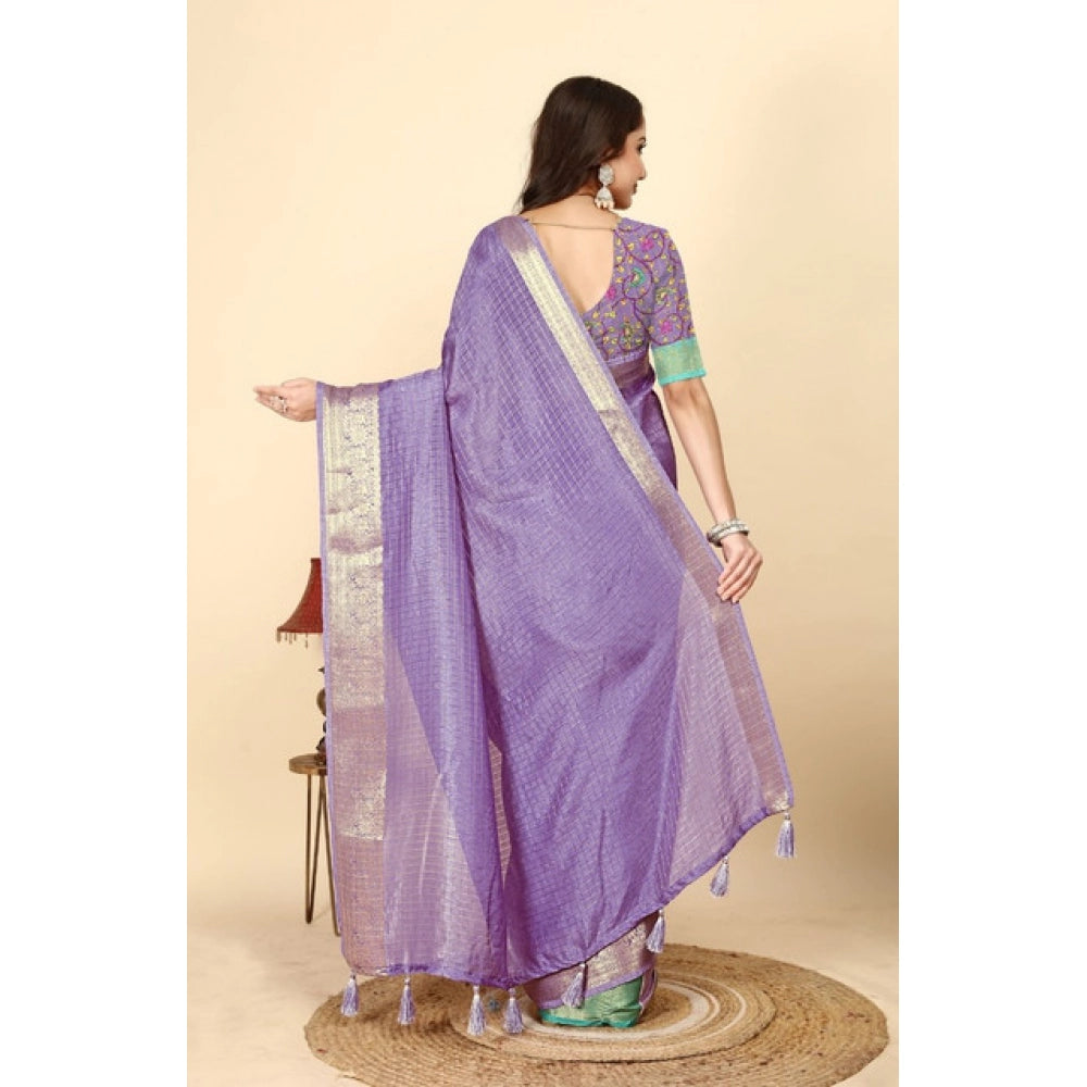 Purple cotton blend checkered saree with unstitched blouse, 5.5mtr length