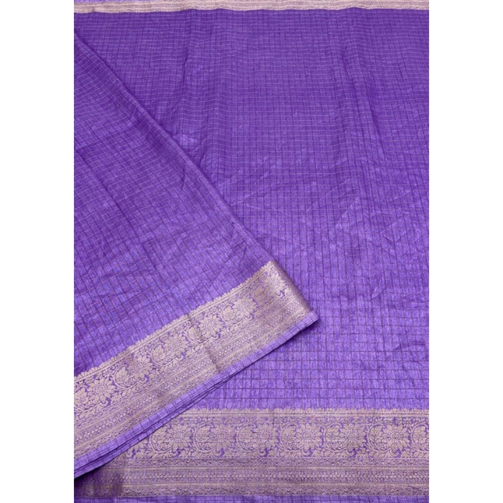 Purple cotton blend checkered saree with unstitched blouse, 5.5mtr for women's traditional wear