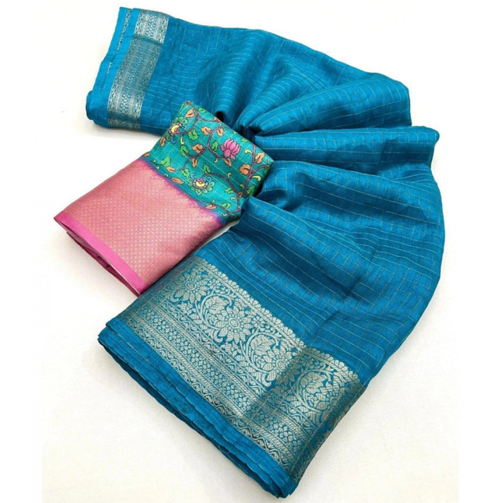 Rama color cotton blend checkered saree with unstitched blouse, 5.5Mtr length