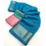 Rama color cotton blend checkered saree with unstitched blouse, 5.5Mtr length