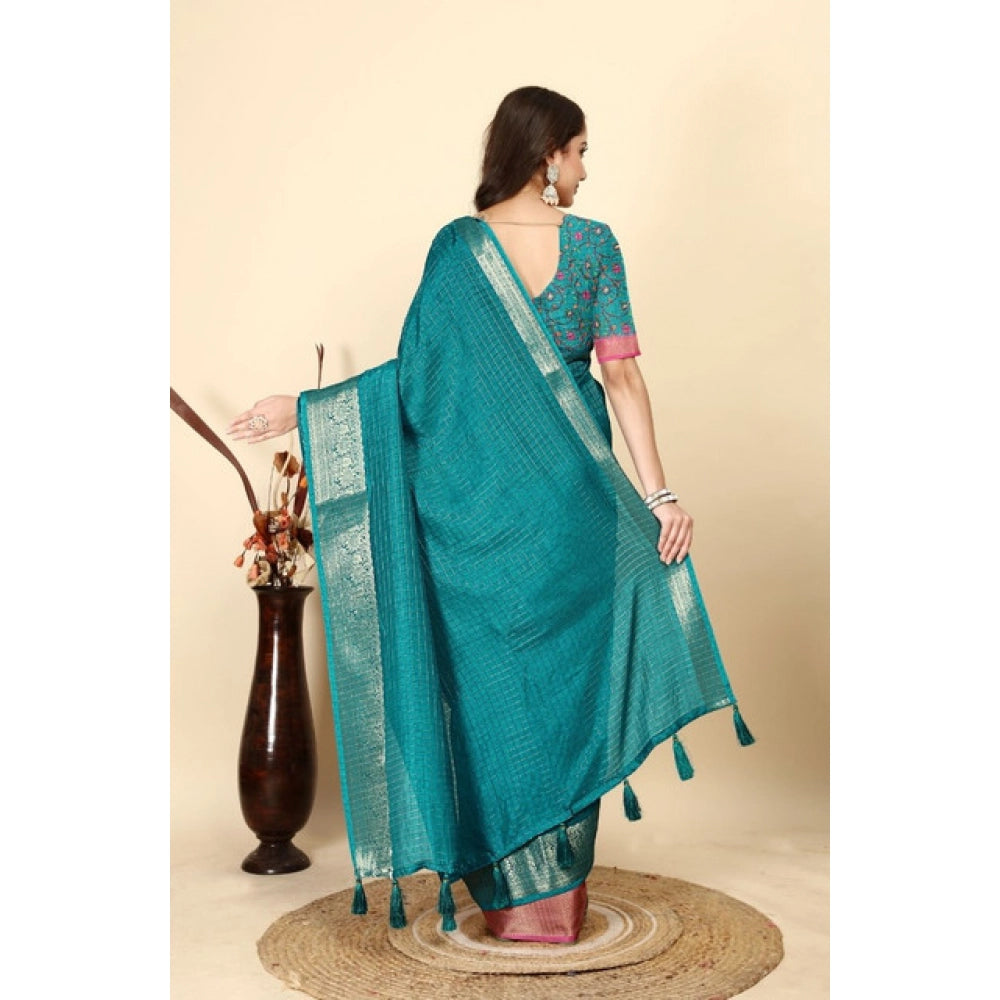 Rama-colored cotton blend checkered saree with unstitched blouse (5.5mtr), traditional Indian women's wear