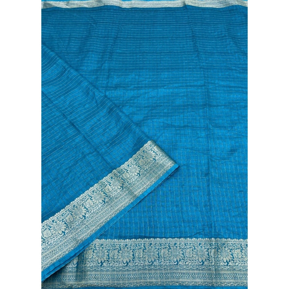 Rama-colored cotton blend checkered saree with unstitched blouse (5.5mtr), traditional Indian women's attire