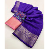 Royal Blue cotton blend checkered saree with unstitched blouse, 5.5Mtr for women's traditional wear