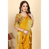 Yellow cotton blend checkered saree with unstitched blouse, vibrant traditional Indian women's wear