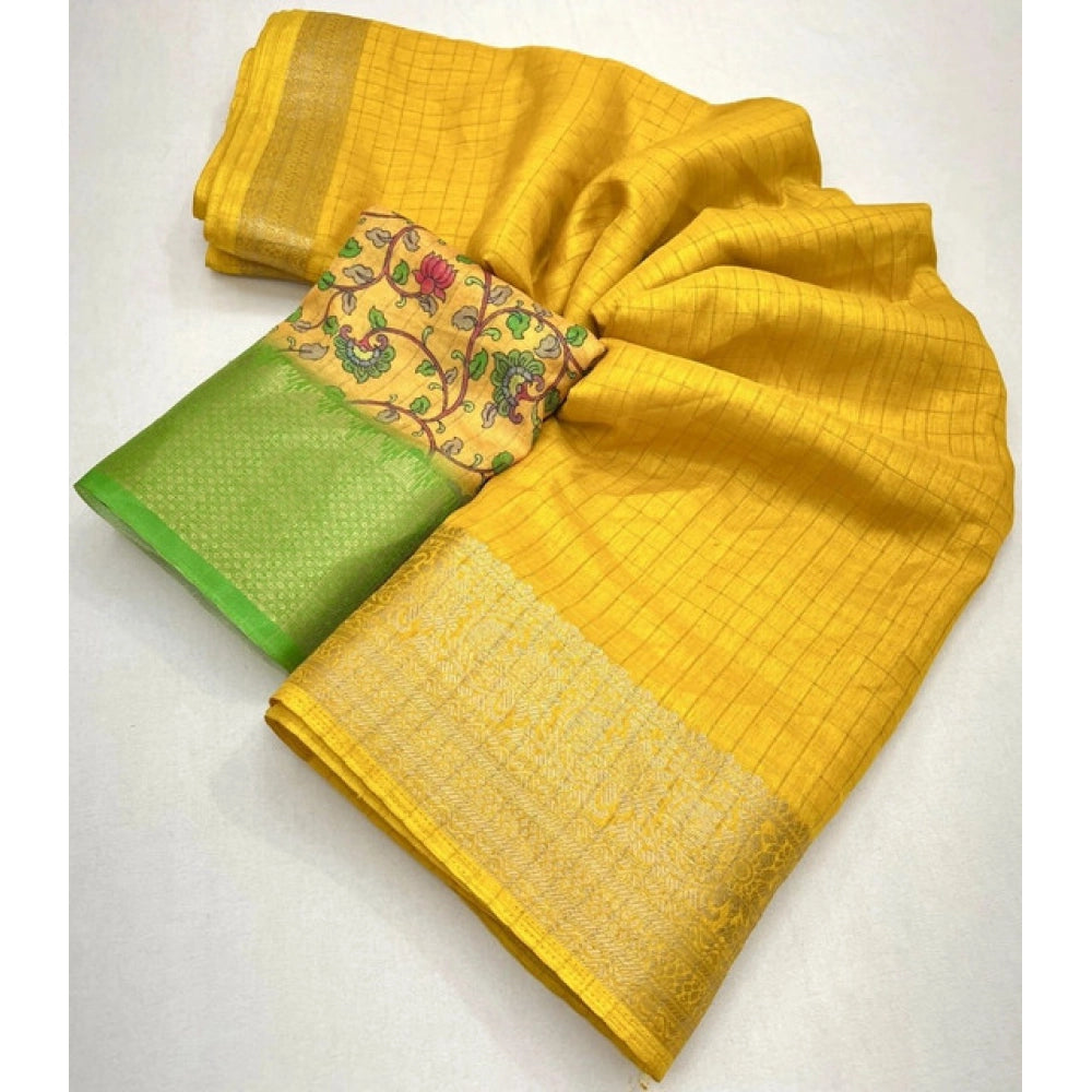 Yellow cotton blend checkered saree with unstitched blouse, vibrant pattern for traditional Indian wear