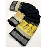 Black cotton linen printed saree with unstitched blouse, vibrant floral design on display