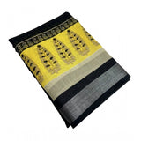 Black cotton linen printed saree with unstitched blouse, women's traditional Indian wear