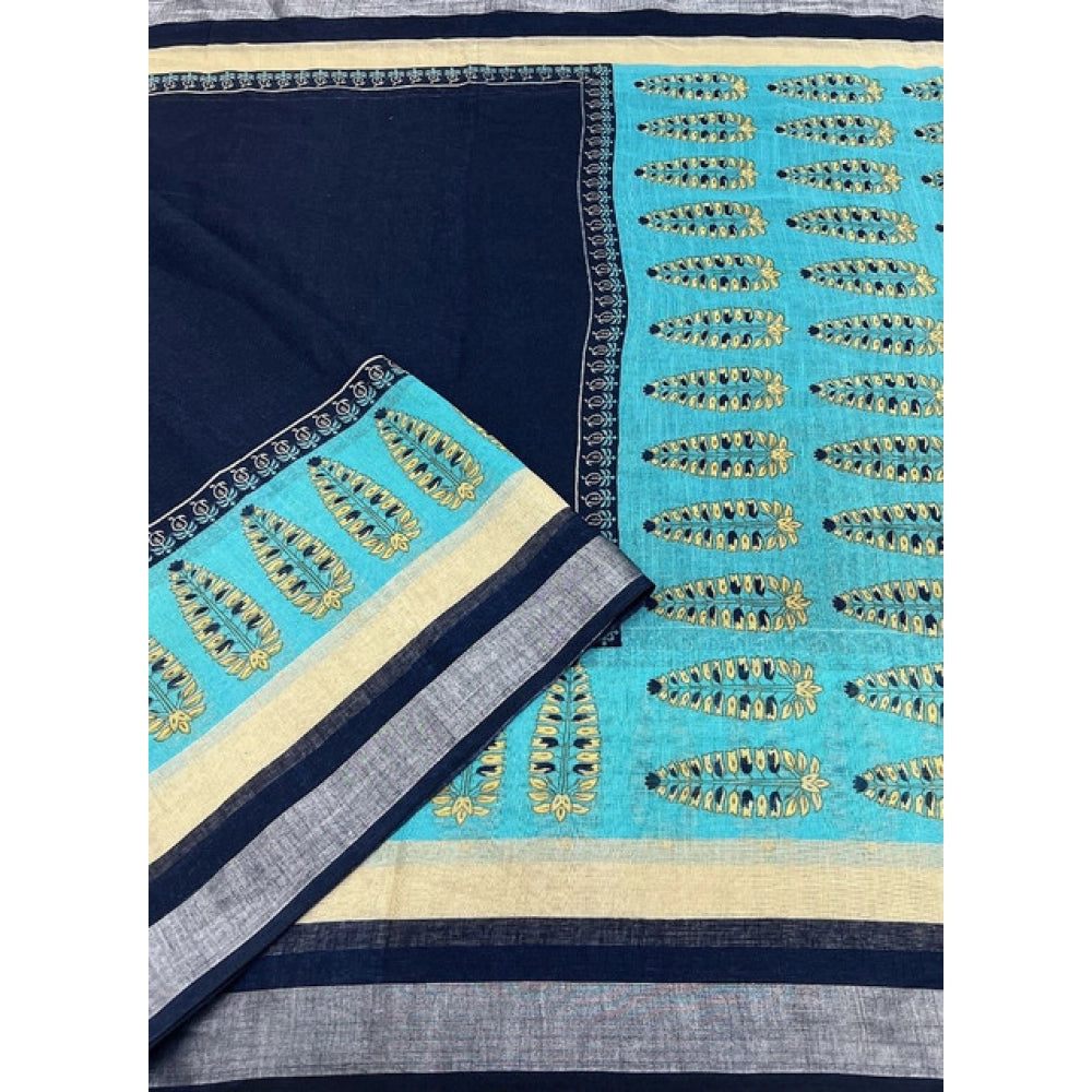 Blue cotton linen printed saree with unstitched blouse (5.5Mtr)