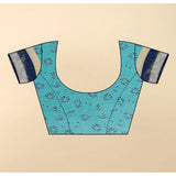 Blue cotton linen printed saree with unstitched blouse, 5.5Mtr length