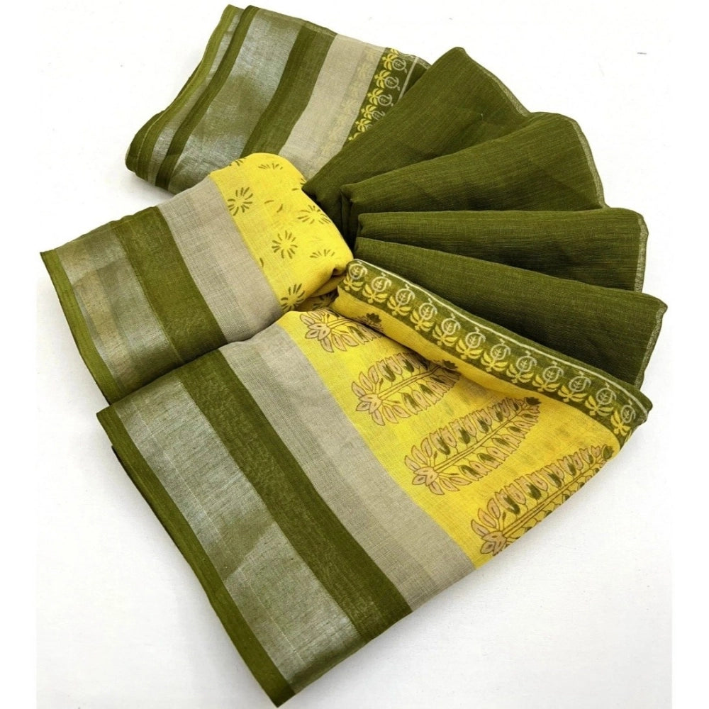 Green cotton linen printed saree with unstitched blouse, vibrant floral design
