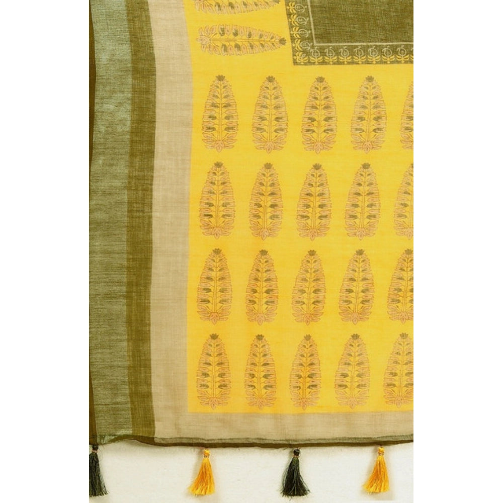 Green cotton linen printed saree with unstitched blouse (5.5mtr)