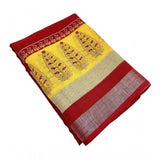 Red cotton linen printed saree with unstitched blouse (5.5Mtr), traditional Indian attire for women
