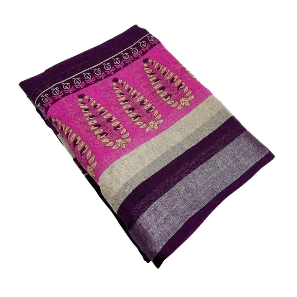 Women's wine-colored cotton linen printed saree with unstitched blouse, 5.5Mtr