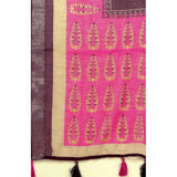 Wine cotton linen printed saree with unstitched blouse (5.5Mtr), traditional Indian apparel